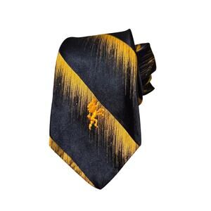 Hughes Hatcher Suffrin by Schiaparelli Black and Gold Necktie 100% Silk Vintage